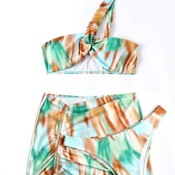 Shein 3 Piece Bikini Swimsuit 1 Strap Top w/ Ring Thong Bottom Side Tie Skirt S - Picture 5 of 9